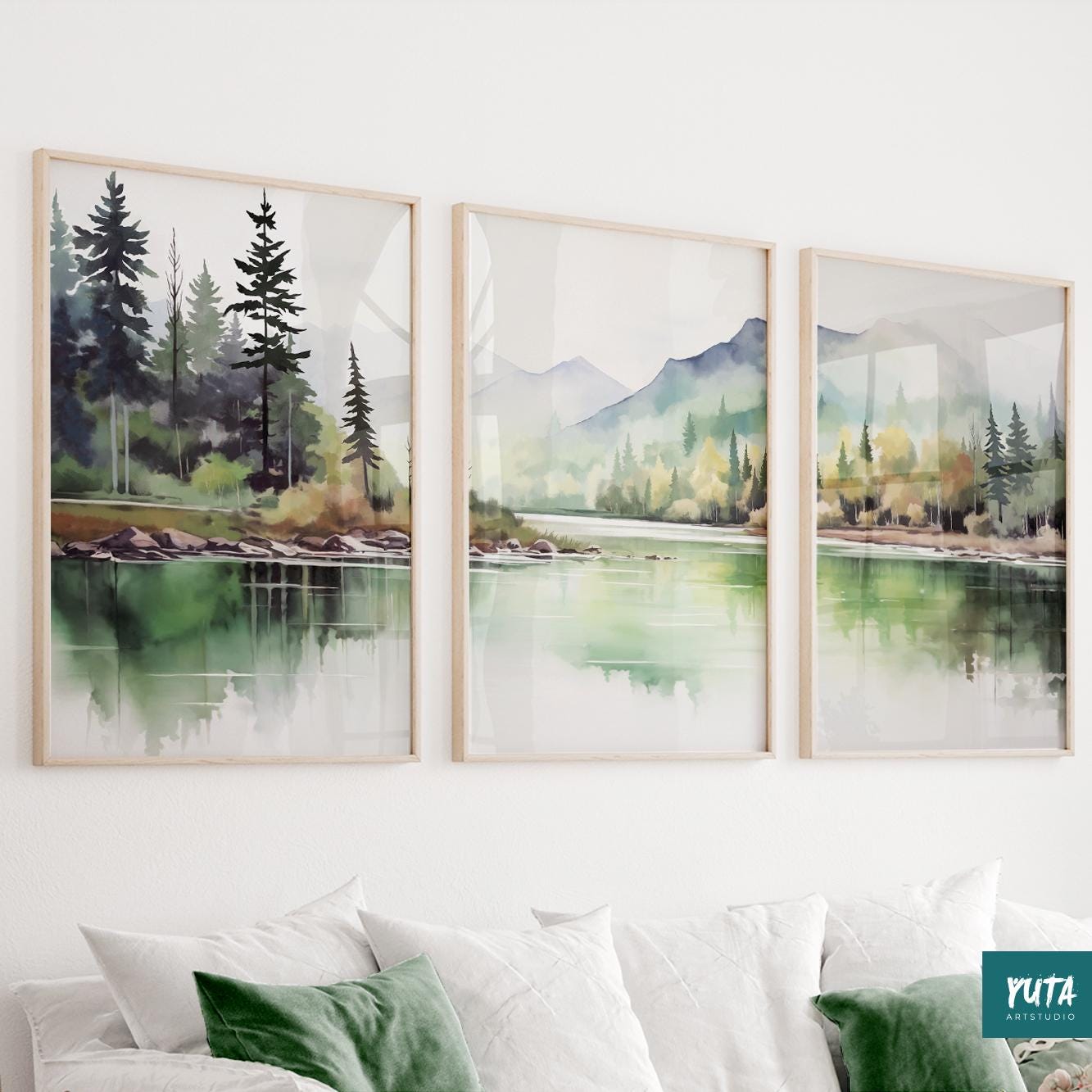 Abstract nature print set with pine forest and pastel mountains in sage green tones, wall decor posters.