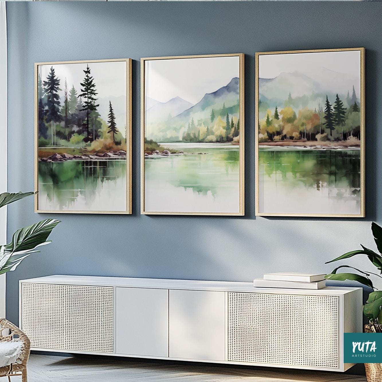 Abstract sage green nature prints, pastel mountains and pine forest wall art set for modern interiors.