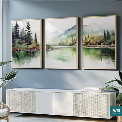 Abstract sage green nature prints, pastel mountains and pine forest wall art set for modern interiors.