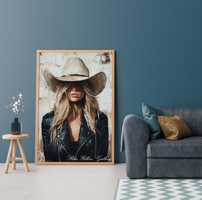 Western art print of a modern cowgirl – abstract figurative style for farmhouse or boho interiors.