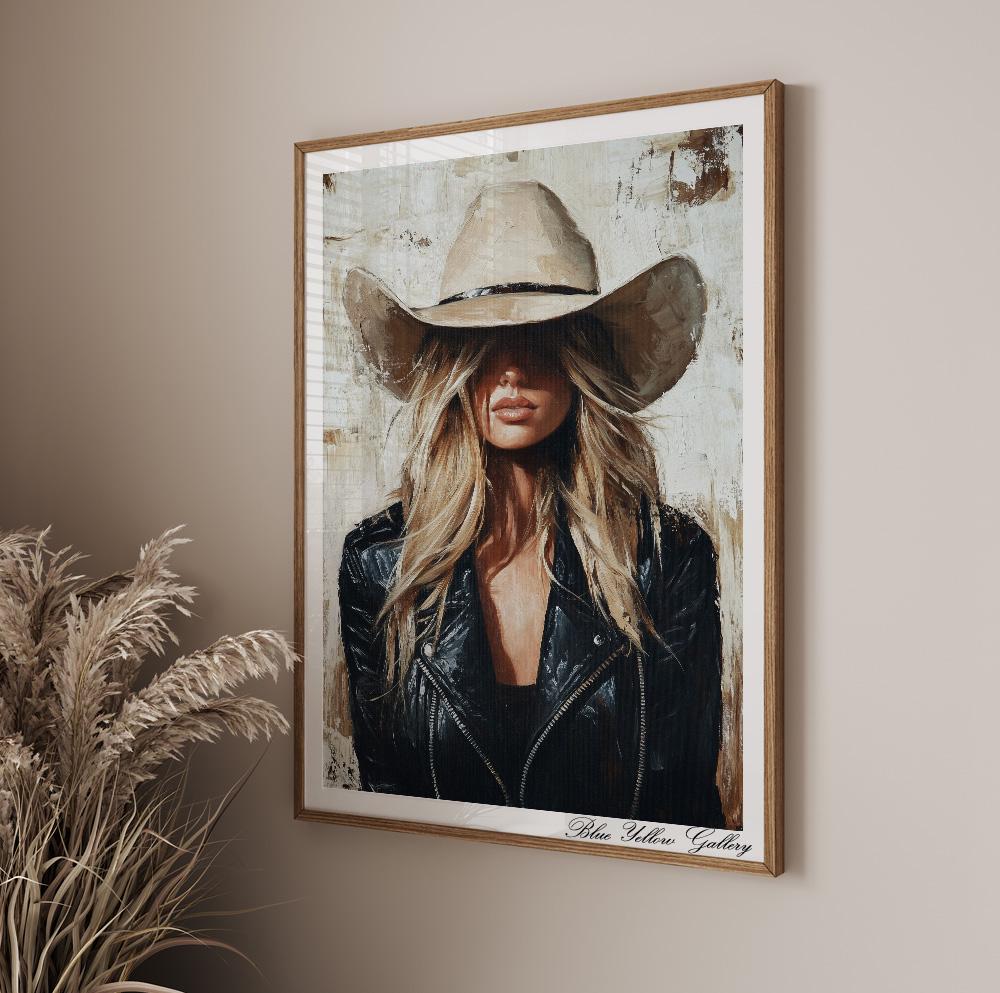 Coastal cowgirl wall decor – abstract Western woman art print in rustic modern aesthetic.