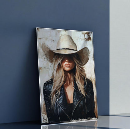 Rustic Western art print – abstract cowgirl figure for modern farmhouse or coastal rooms.
