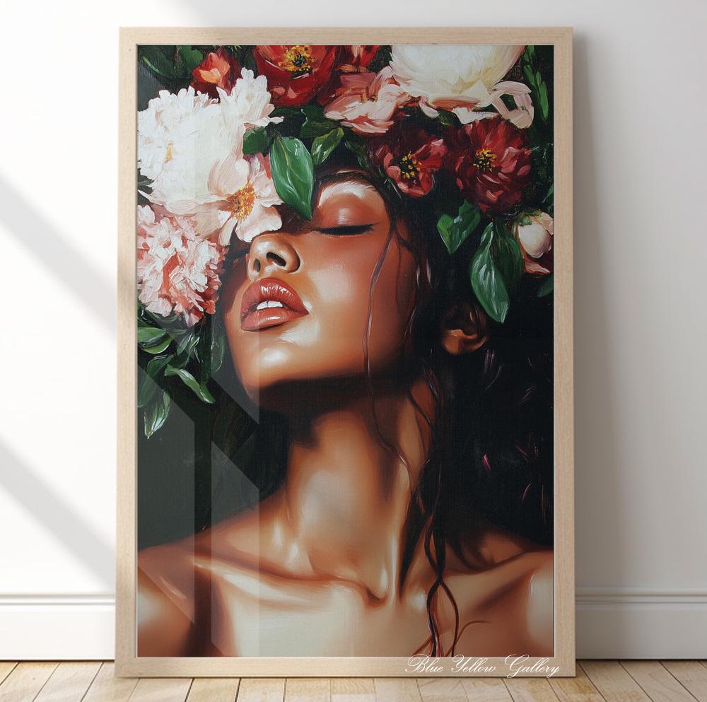 Emerald green woman portrait print, floral abstract art, modern female wall decor for eclectic interiors.