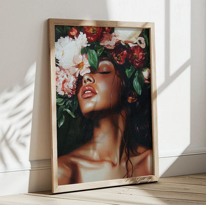 Colorful abstract portrait of a woman with flowers, bold emerald green wall art for contemporary spaces.