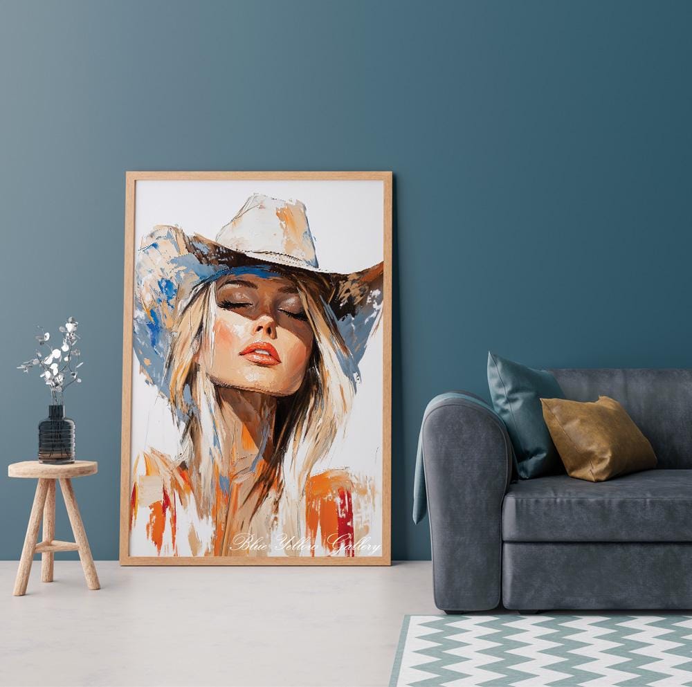 Modern coastal cowgirl artwork, abstract female western print for boho or farmhouse decor.