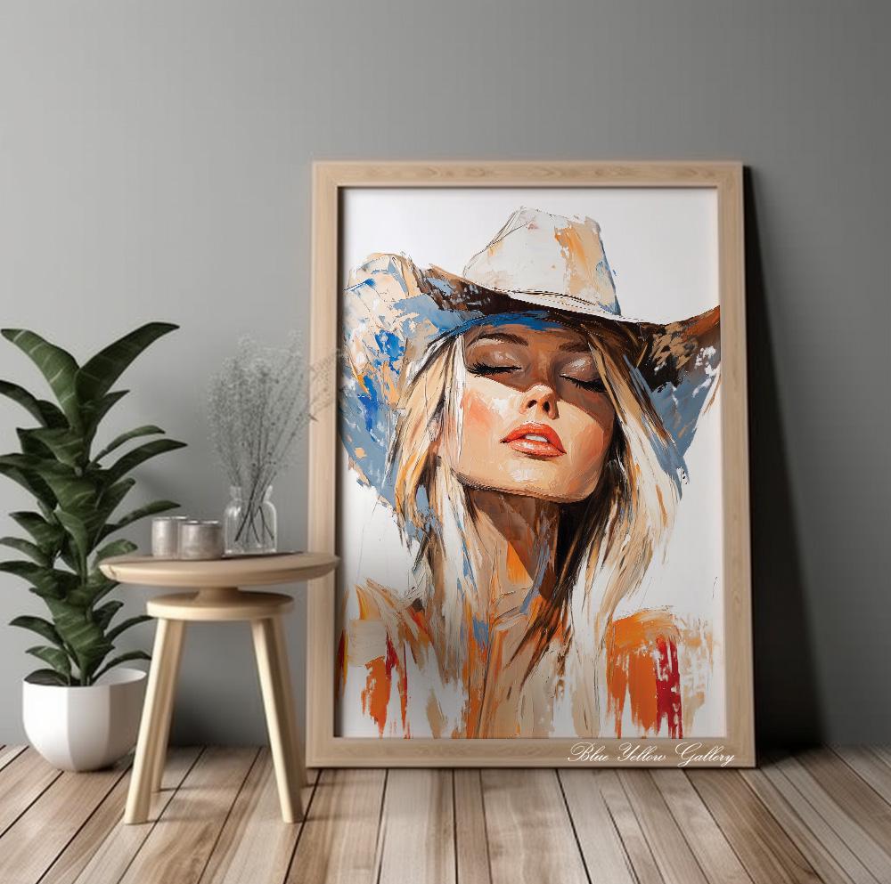 Rustic abstract cowgirl wall print, western farmhouse decor with feminine coastal vibe.
