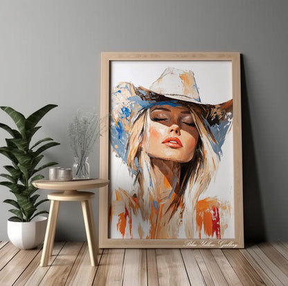Rustic abstract cowgirl wall print, western farmhouse decor with feminine coastal vibe.