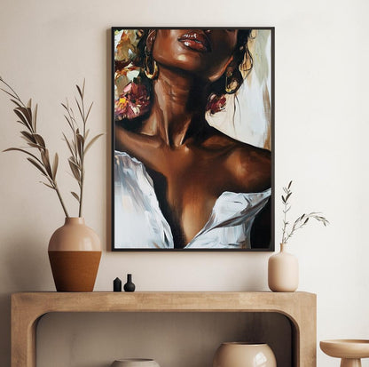 Afrocentric wall art – elegant Black woman illustration in contemporary artistic style.