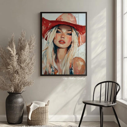 Western cowgirl figurative wall art in neutral tones, modern rustic farmhouse wall decor.