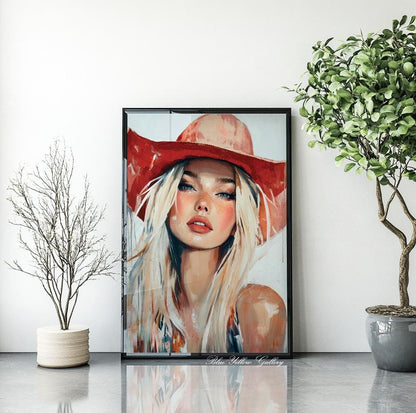 Modern coastal cowgirl artwork, abstract female western print for boho or farmhouse decor.