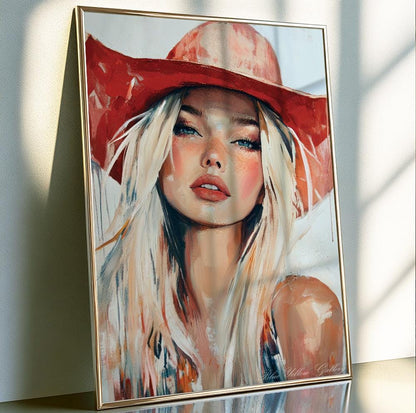 Modern cowgirl wall decor, abstract western woman art in rustic farmhouse aesthetic.