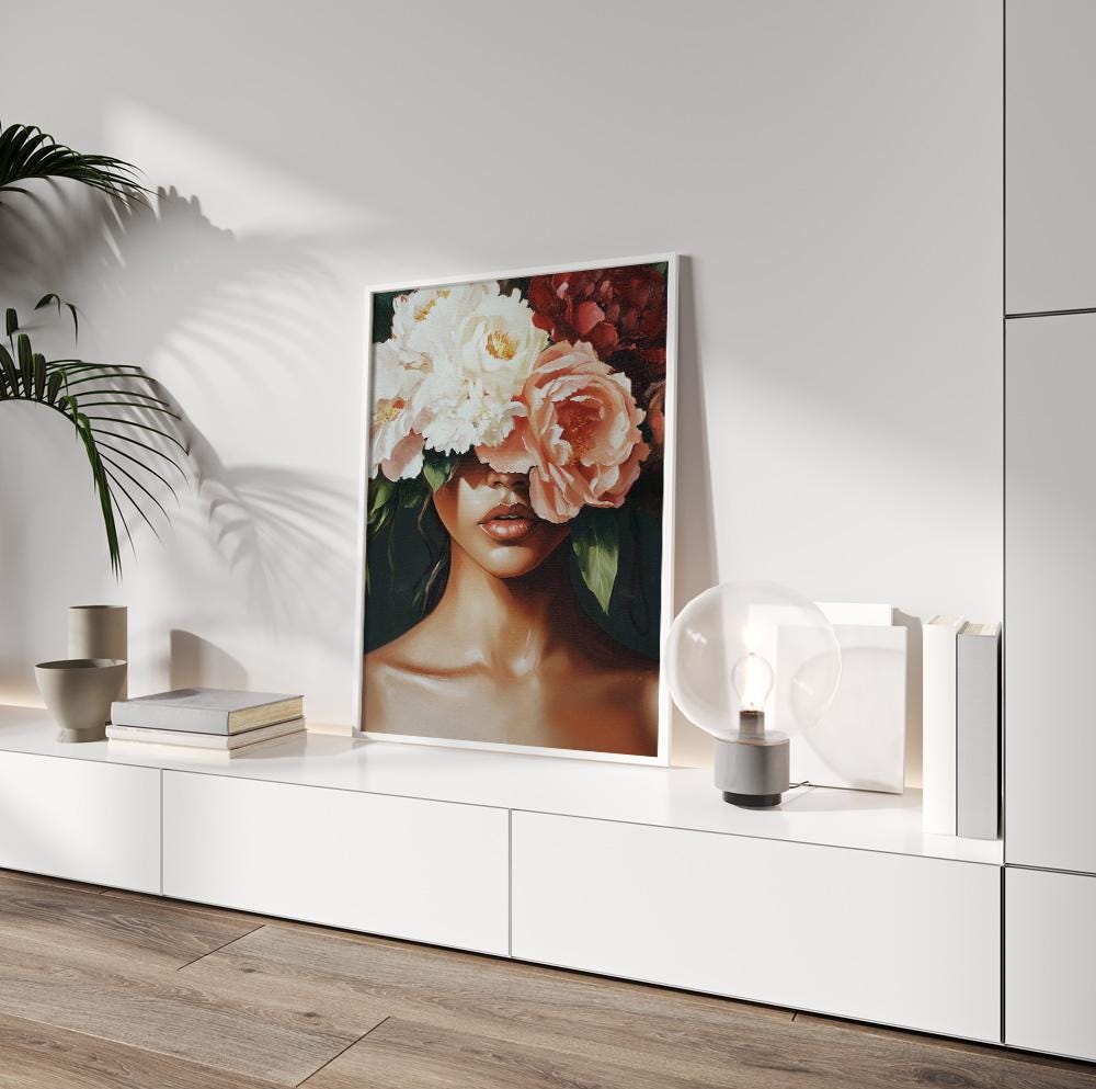 Afrocentric floral wall art – abstract Black woman print in contemporary minimalist style.