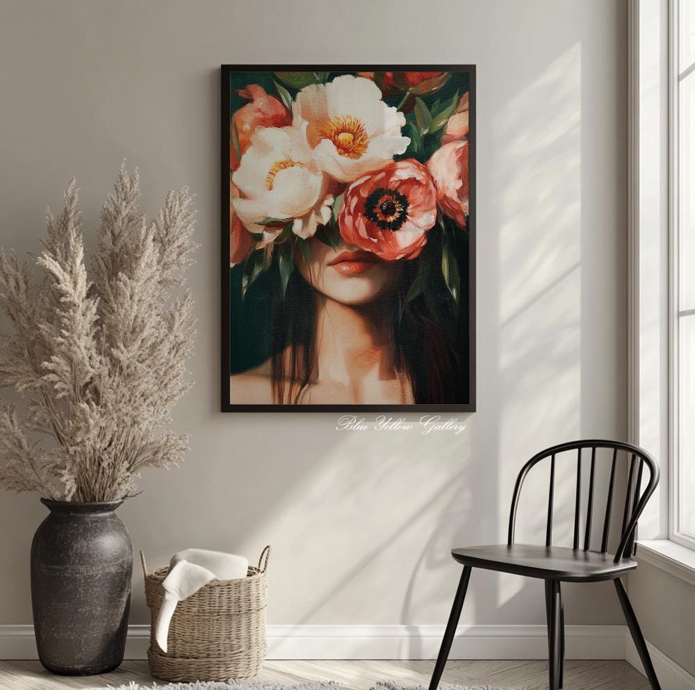 Modern woman print in emerald green – floral abstract art for bold and eclectic interiors.