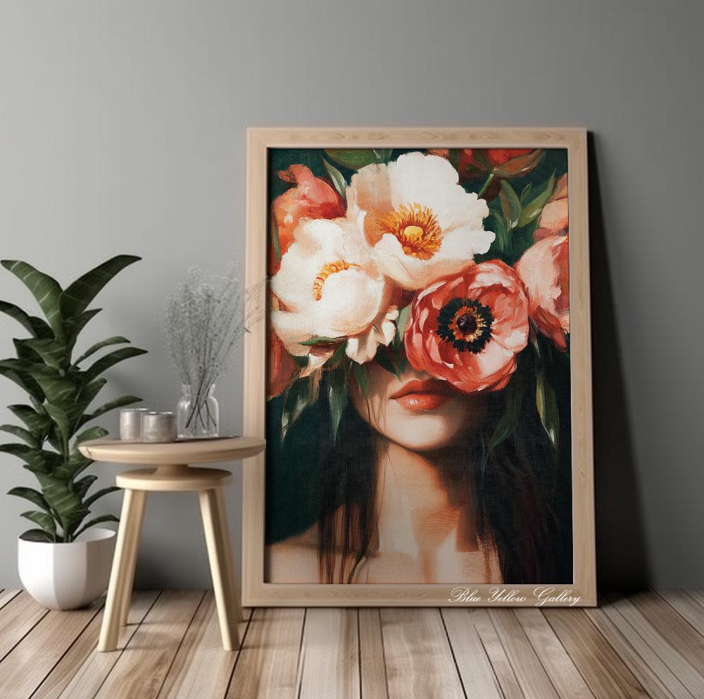 Emerald green wall art print – feminine floral portrait with abstract and artistic style.