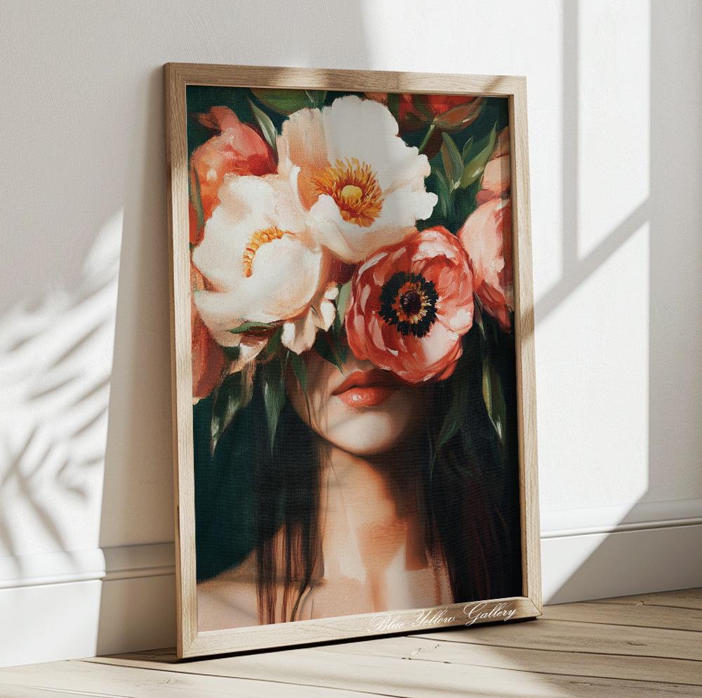 Floral abstract figurative art – female portrait with emerald tones and botanical elements.