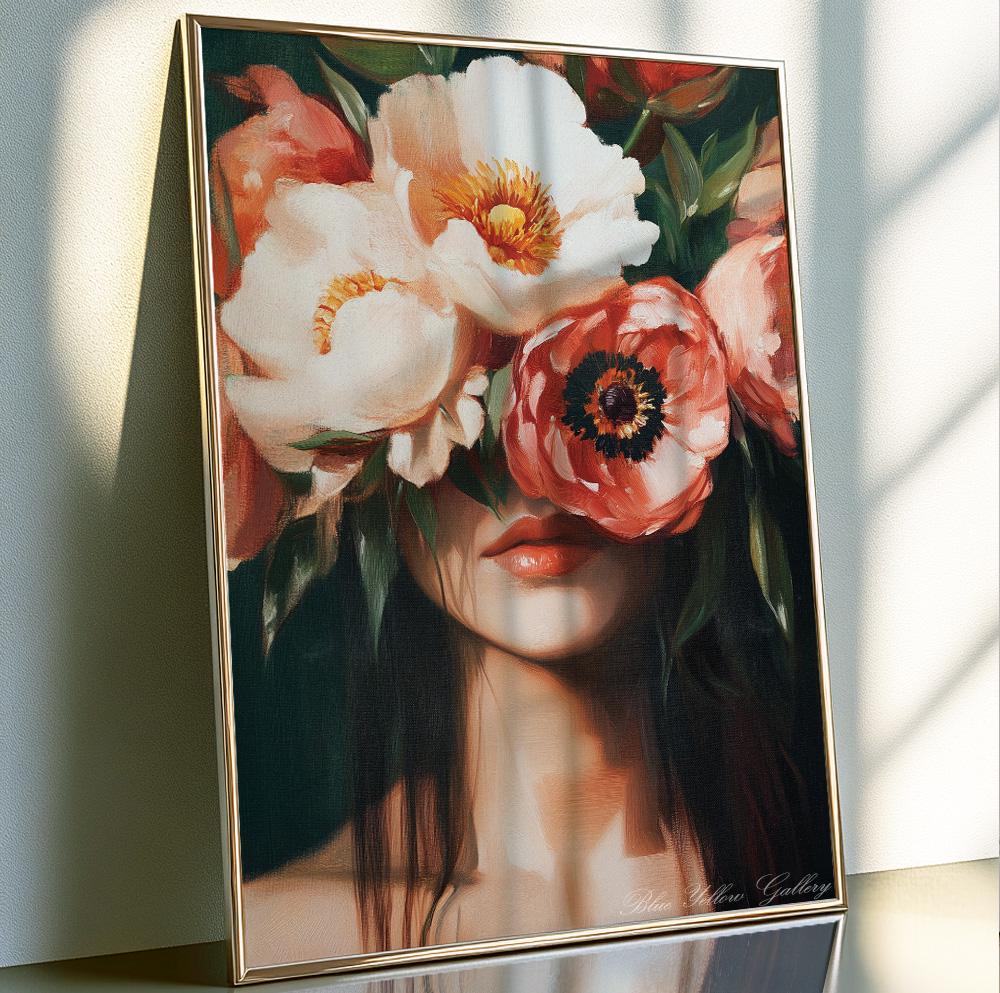 Eclectic abstract people art – expressive print of a woman with floral accents in green tones.