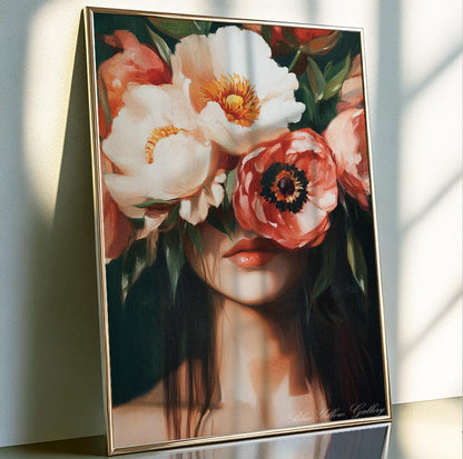 Eclectic abstract people art – expressive print of a woman with floral accents in green tones.