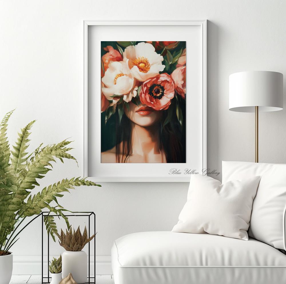 Bold abstract figurative print – woman with flowers in deep green palette for modern decor.