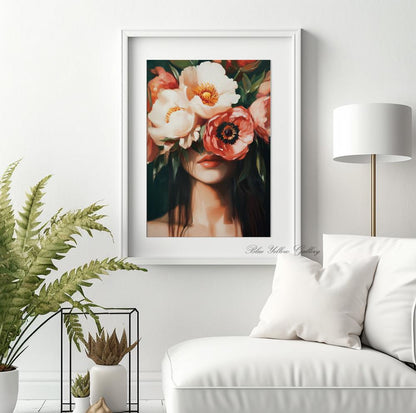 Bold abstract figurative print – woman with flowers in deep green palette for modern decor.