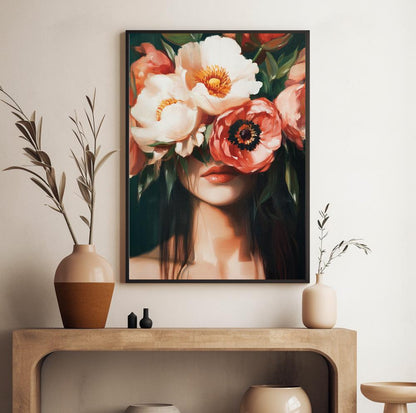 Feminine abstract wall decor – emerald green and floral portrait for creative, eclectic rooms.