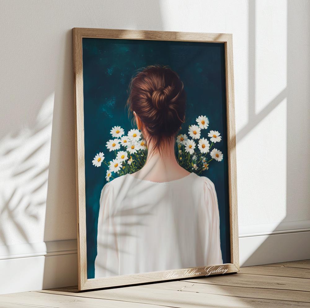 Navy blue portrait of a woman holding daisies – vintage-style abstract art for girl’s room or gallery wall.