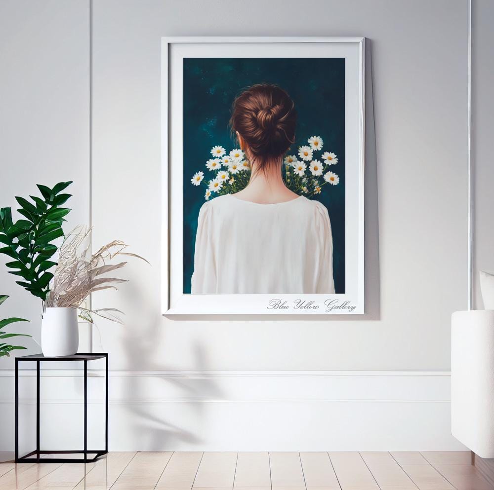 Abstract figurative art print – vintage woman with flowers in deep blue tones for eclectic wall styling.