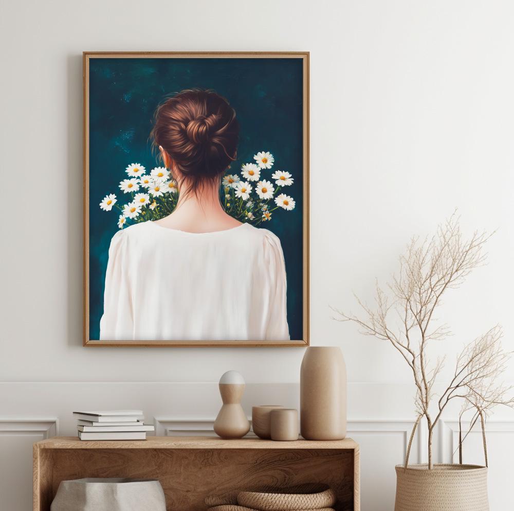 Vintage-style abstract woman print – floral navy blue portrait with daisies for modern classic interiors.