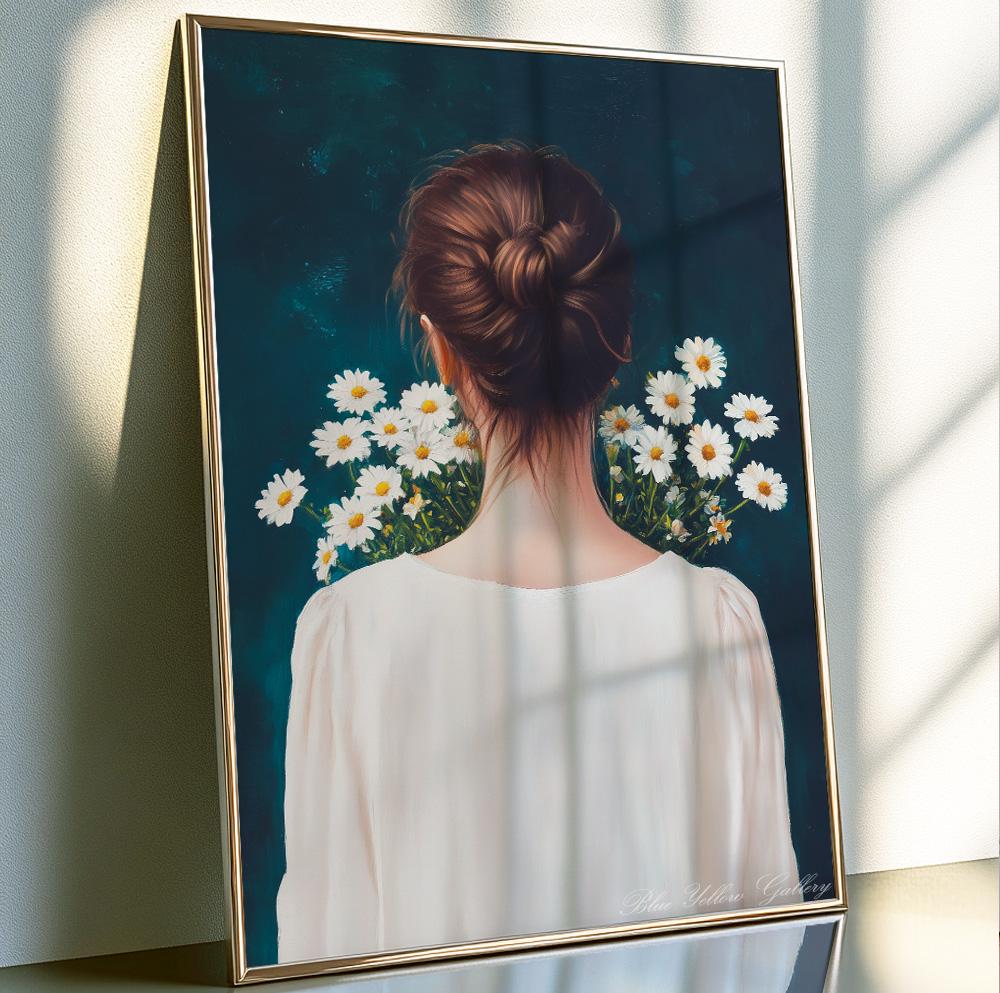 Woman with daisies wall art – navy abstract portrait print with floral, vintage, and eclectic vibes.