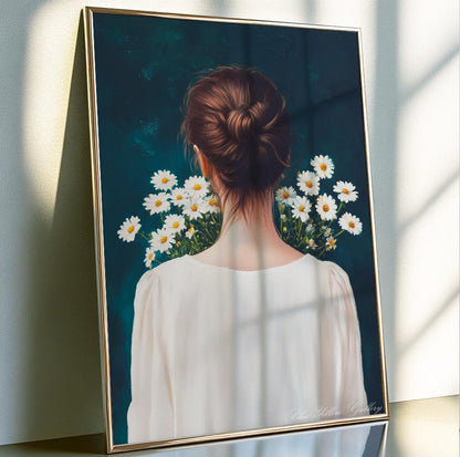 Woman with daisies wall art – navy abstract portrait print with floral, vintage, and eclectic vibes.