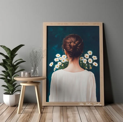 Eclectic navy portrait print – woman with bouquet of daisies in vintage abstract style.