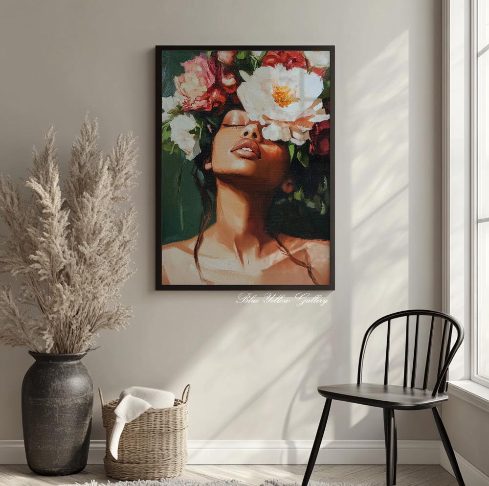 Contemporary abstract Black female print – African American wall art with bold floral elements.