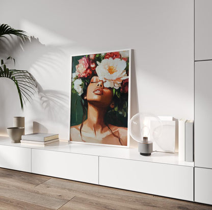 Afrocentric floral wall art – abstract Black woman print in contemporary minimalist style.