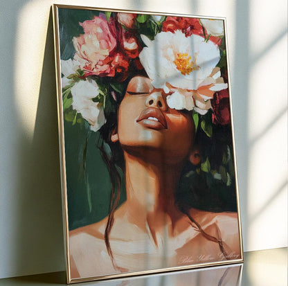Floral Black woman portrait – modern abstract print for Afrocentric and empowering decor themes.