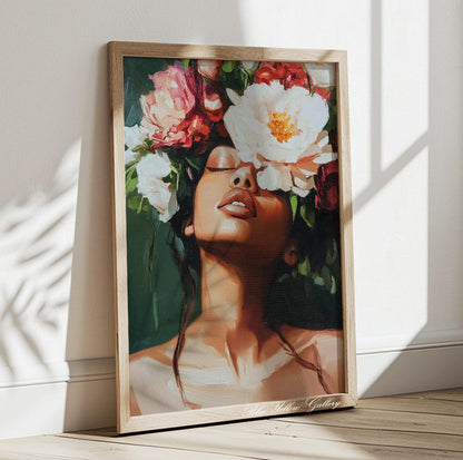 Stylish Black girl wall print – abstract portrait art with African American and floral inspiration.