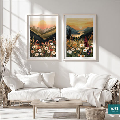 Boho landscape wall prints, set of 2 mountain and wildflower sunset scenes in botanical style.