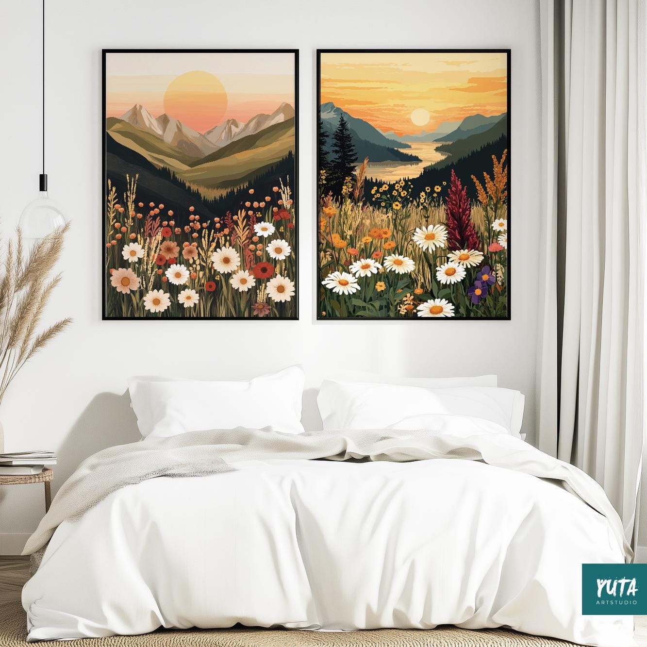 Muted tone mountain sunset prints with wildflowers, boho wall art set of 2 for bedroom or living room.