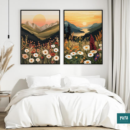 Muted tone mountain sunset prints with wildflowers, boho wall art set of 2 for bedroom or living room.