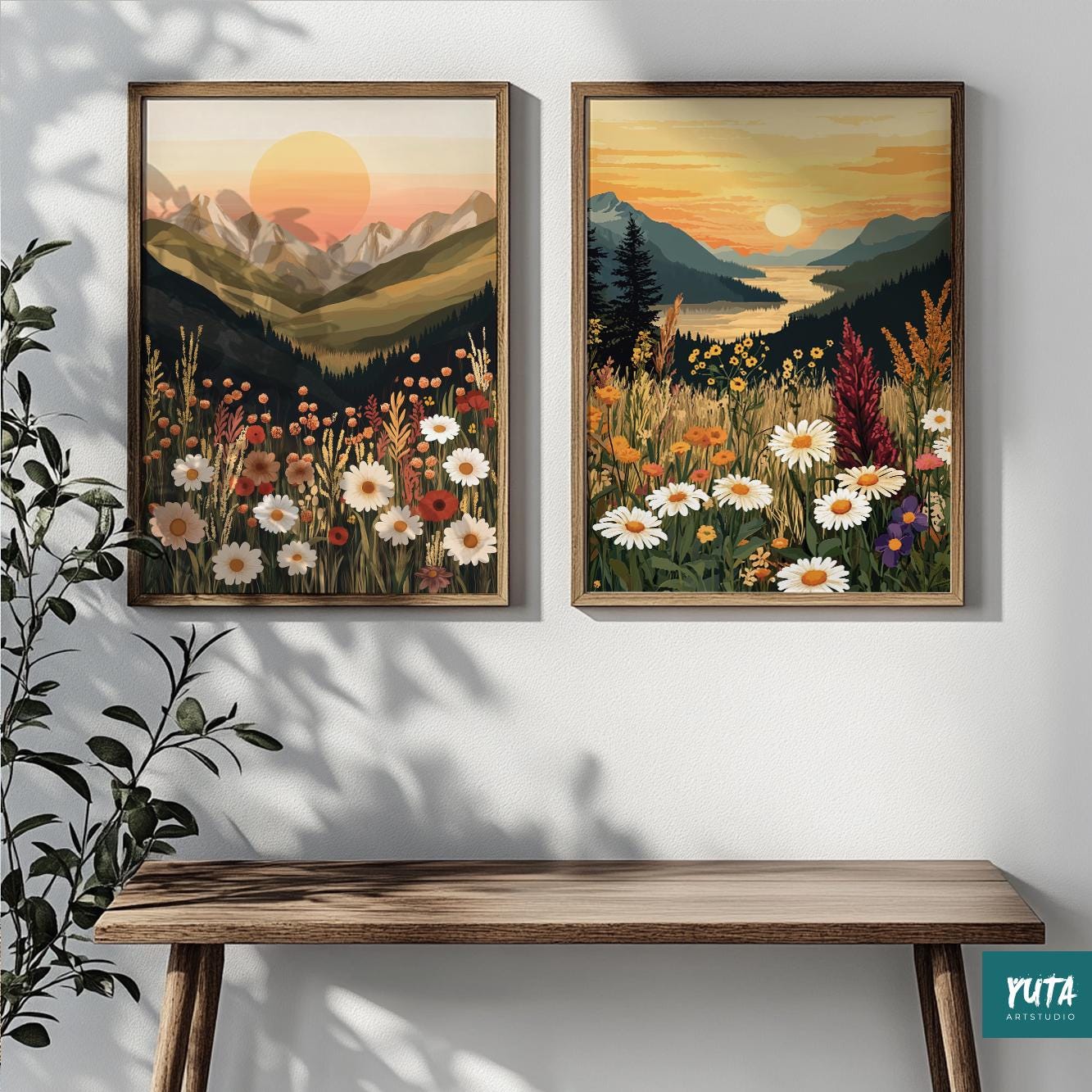 Sunset mountain scenery with wildflowers, muted boho wall art print set for cozy interiors.