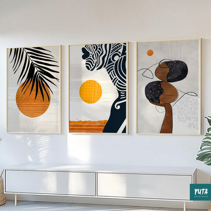 Colorful abstract African wall art set – modern Black woman portraits for ethnic minimalist room decor.