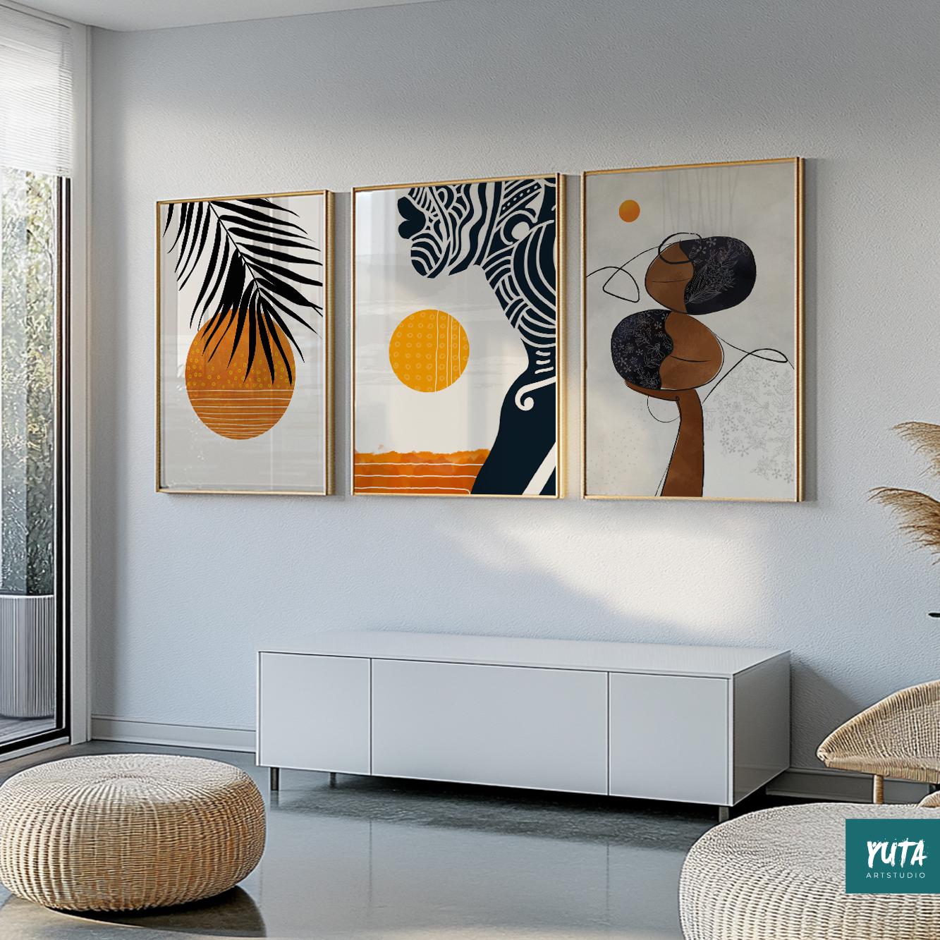 Bold abstract African portraits – Black woman print set for modern, Afrocentric room decoration.