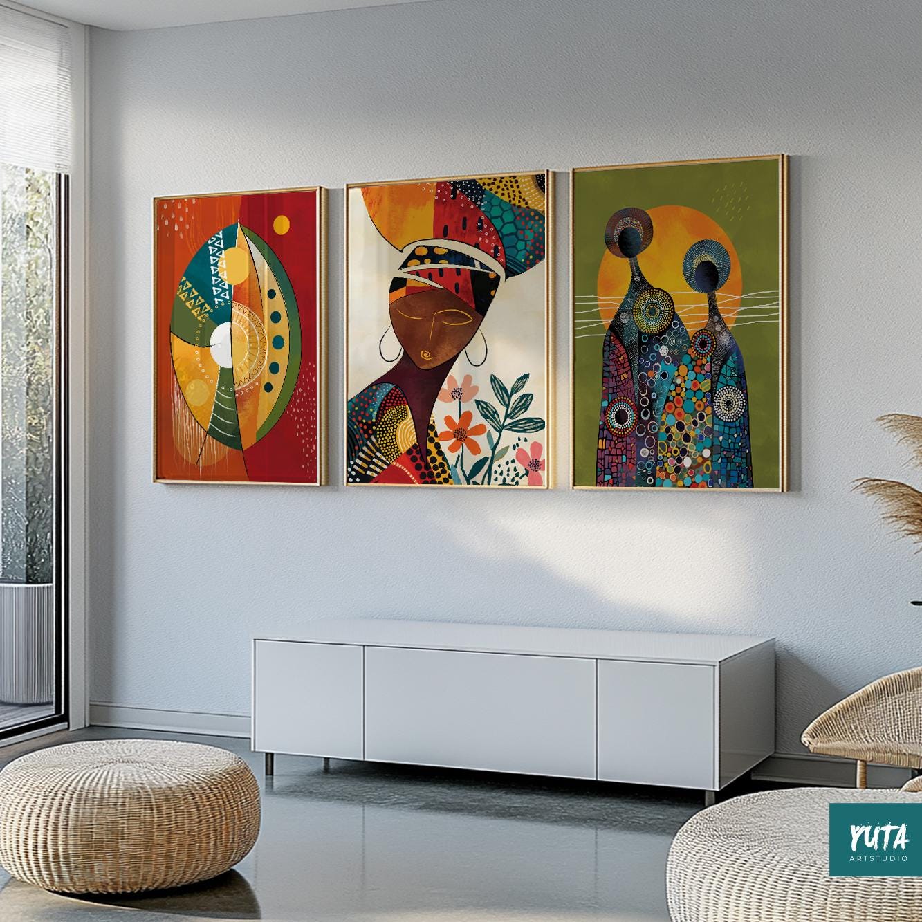 Colorful abstract wall print set – African-inspired Black female portraits for chic interiors.