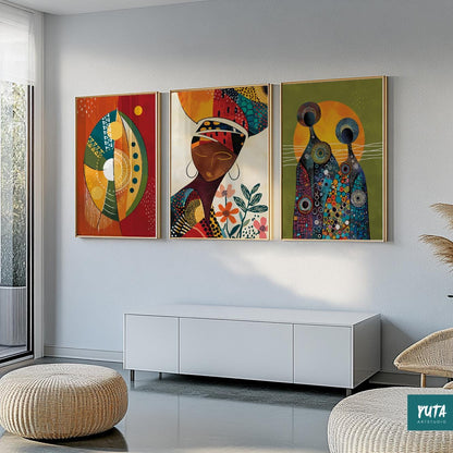 Colorful abstract wall print set – African-inspired Black female portraits for chic interiors.