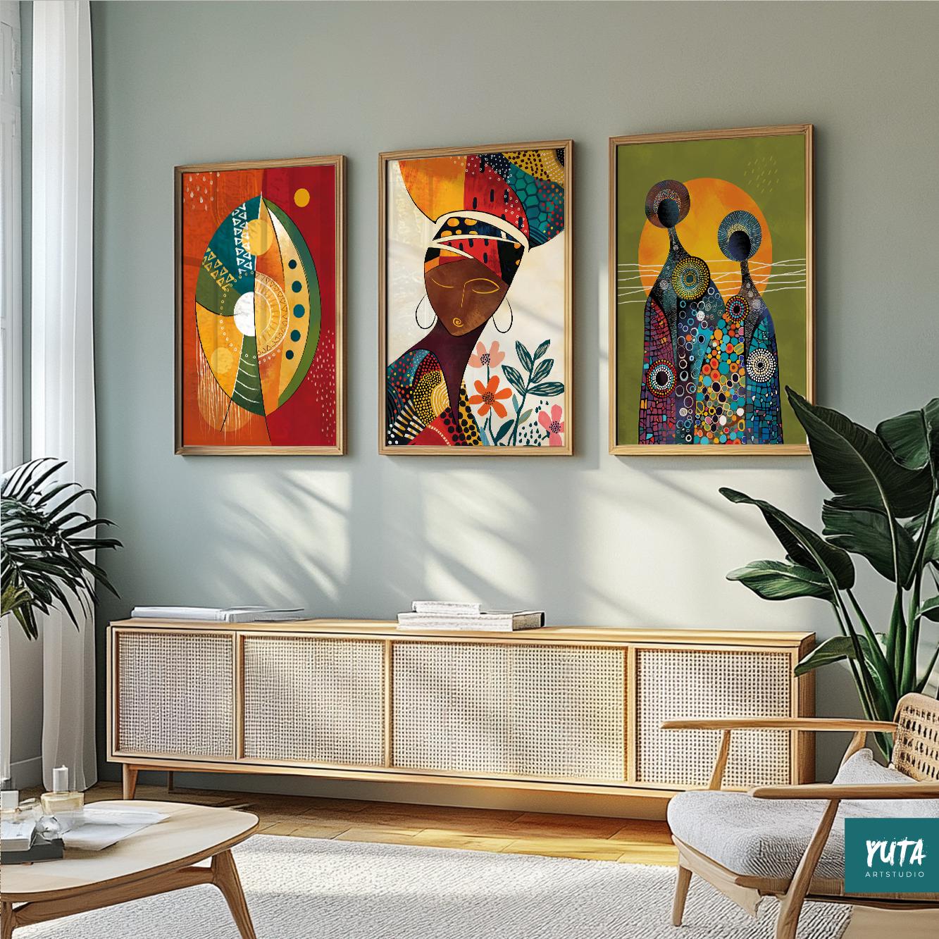 Modern Black woman wall art – colorful abstract African portrait set for boho or ethnic interiors.