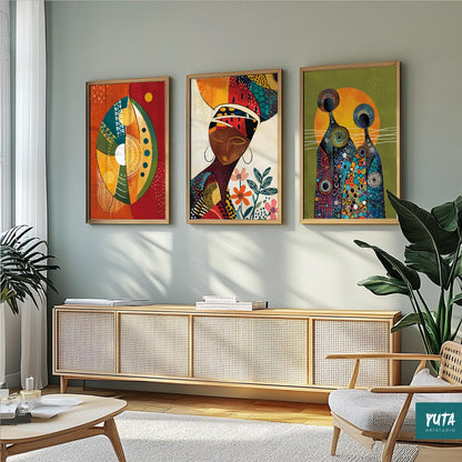 Modern Black woman wall art – colorful abstract African portrait set for boho or ethnic interiors.