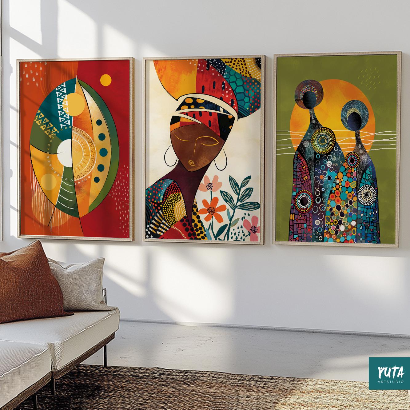 Minimalist ethnic decor – abstract colorful wall art set of Black women in contemporary style.