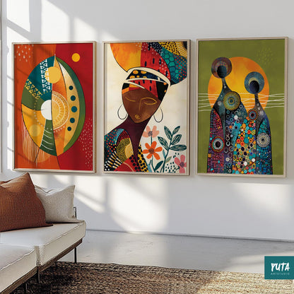 Minimalist ethnic decor – abstract colorful wall art set of Black women in contemporary style.