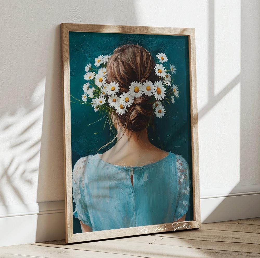 Vintage-style abstract woman print – floral navy blue portrait with daisies for modern classic interiors.