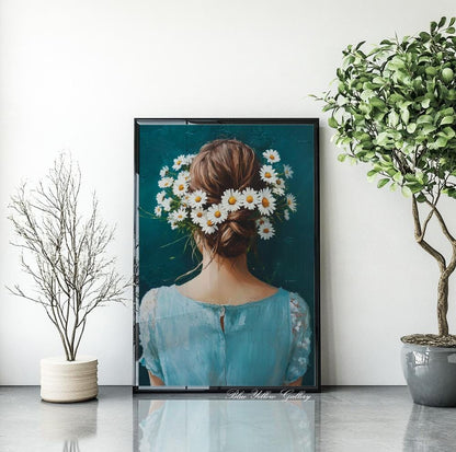 Eclectic floral wall art – navy blue woman portrait with daisy bouquet, ideal for bedroom or study decor.