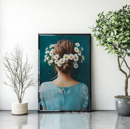 Eclectic floral wall art – navy blue woman portrait with daisy bouquet, ideal for bedroom or study decor.