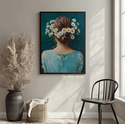 Blue-toned figurative art print – vintage woman and flower bouquet for feminine and creative decor.